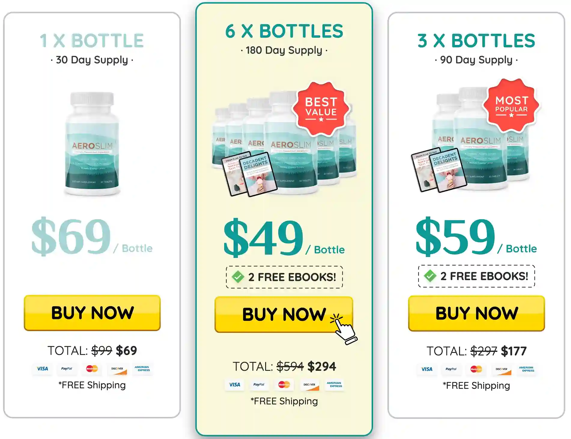 AeroSlim Pricing — 1 Bottle $69, 3 Bottles $59 each, 6 Bottles $49 each — Free Shipping